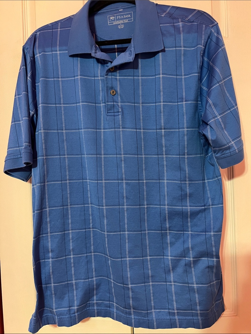 Jos. A. Bank Men’s Blue Leadbetter Windowpane Polo Golf Shirt
Size Large